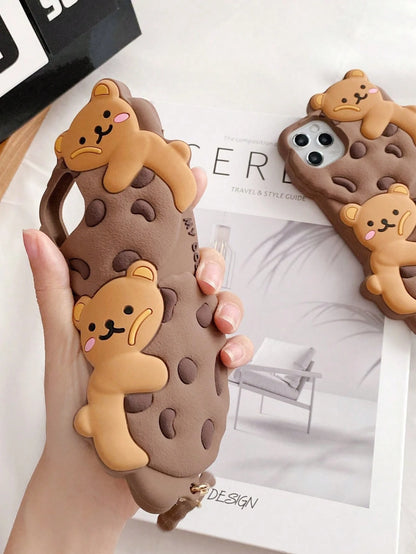 Cute 3D Teddy Bear Element Novelty Case Cartoon Cookie Teddy Bear With Lanyard Holder, Stripe Clothe Teddy, Teddy Bow, Birthday Hat, Tulip Teddy Phone Case Compatible With APPLE 13/14/11/12/16/15 Pro