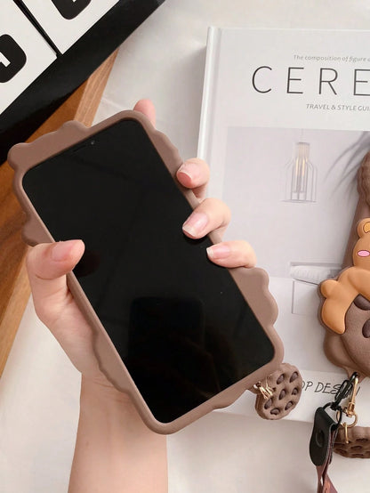 Cute 3D Teddy Bear Element Novelty Case Cartoon Cookie Teddy Bear With Lanyard Holder, Stripe Clothe Teddy, Teddy Bow, Birthday Hat, Tulip Teddy Phone Case Compatible With APPLE 13/14/11/12/16/15 Pro