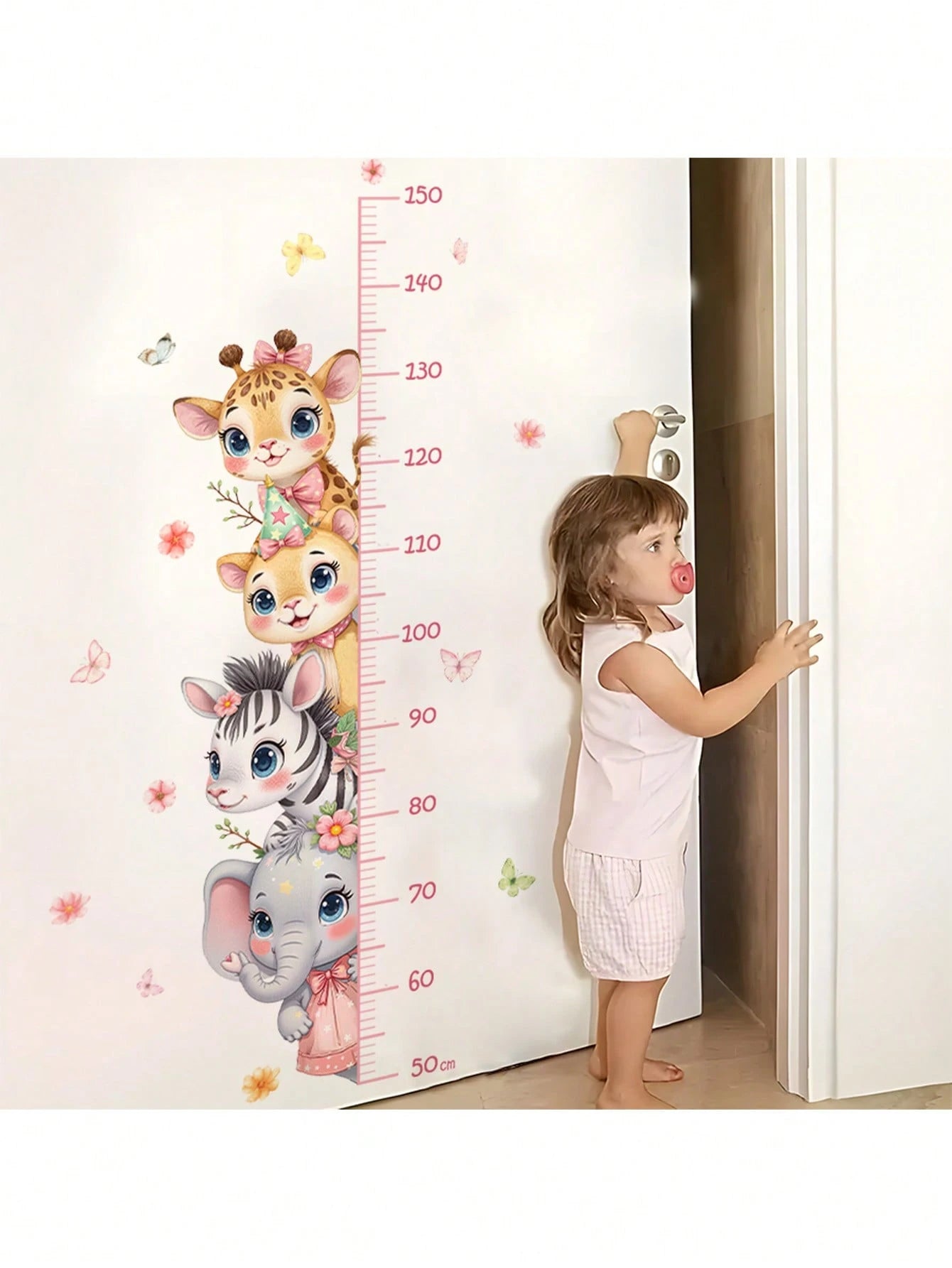 Cute 4 Animals Height Chart Wall Sticker Giraffe Lion Zebra Elephant Nursery Decals For Pink Baby Room Decor, Educational Growth Measurement Wall Art