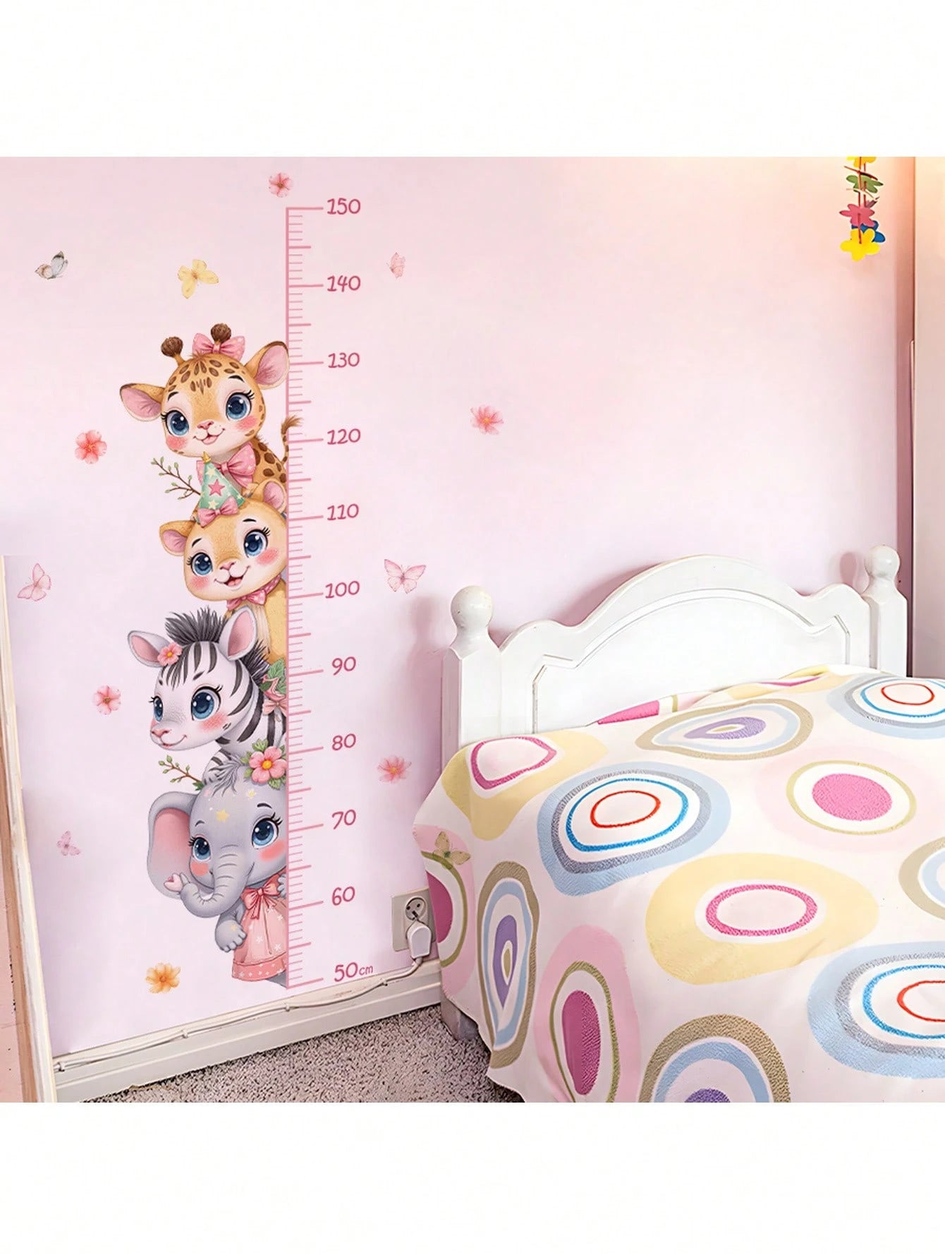 Cute 4 Animals Height Chart Wall Sticker Giraffe Lion Zebra Elephant Nursery Decals For Pink Baby Room Decor, Educational Growth Measurement Wall Art