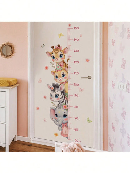 Cute 4 Animals Height Chart Wall Sticker Giraffe Lion Zebra Elephant Nursery Decals For Pink Baby Room Decor, Educational Growth Measurement Wall Art