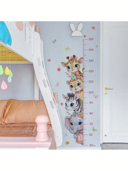 Cute 4 Animals Height Chart Wall Sticker Giraffe Lion Zebra Elephant Nursery Decals For Pink Baby Room Decor, Educational Growth Measurement Wall Art