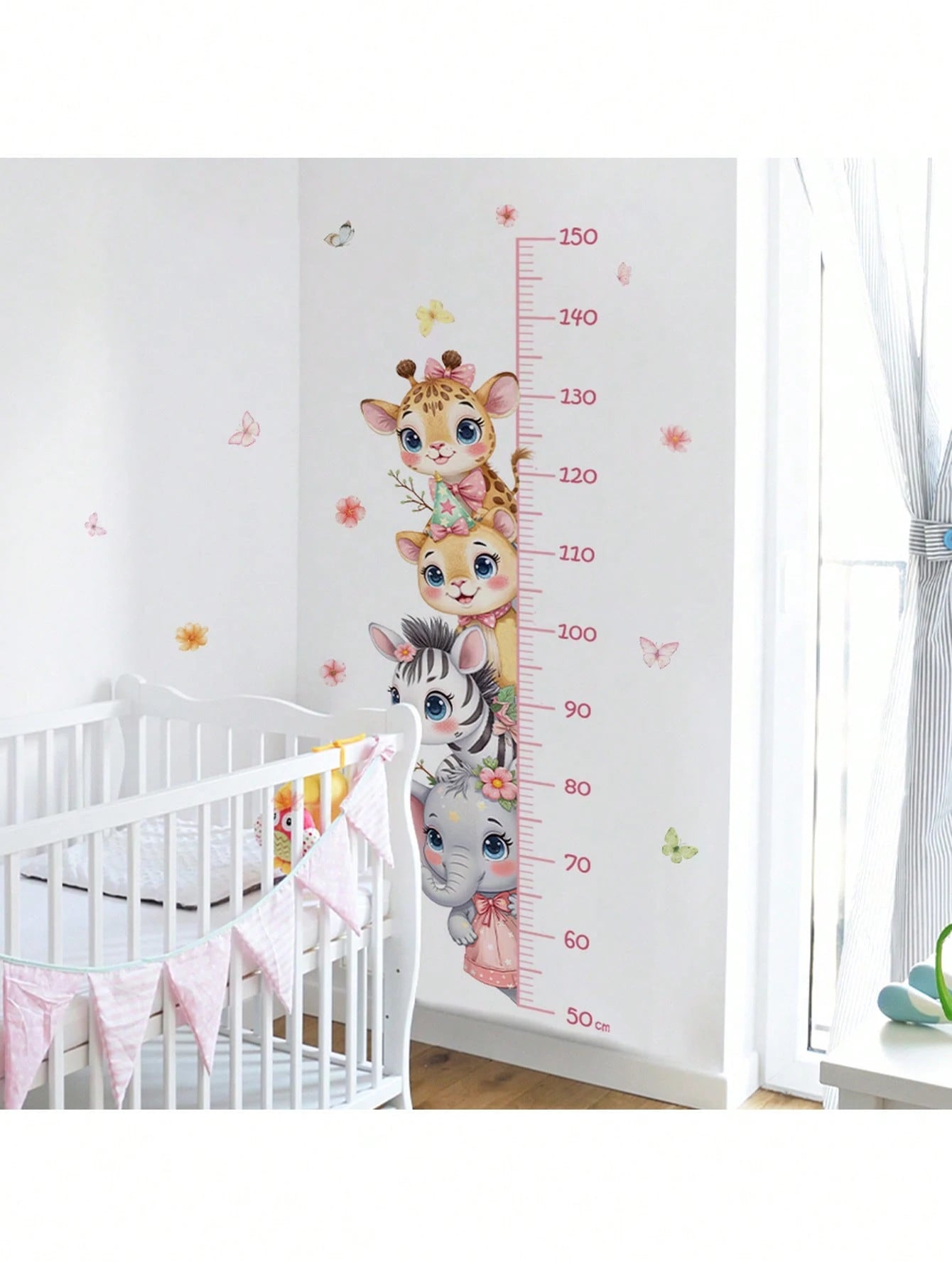 Cute 4 Animals Height Chart Wall Sticker Giraffe Lion Zebra Elephant Nursery Decals For Pink Baby Room Decor, Educational Growth Measurement Wall Art