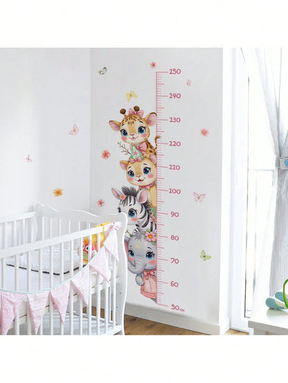 Cute 4 Animals Height Chart Wall Sticker Giraffe Lion Zebra Elephant Nursery Decals For Pink Baby Room Decor, Educational Growth Measurement Wall Art