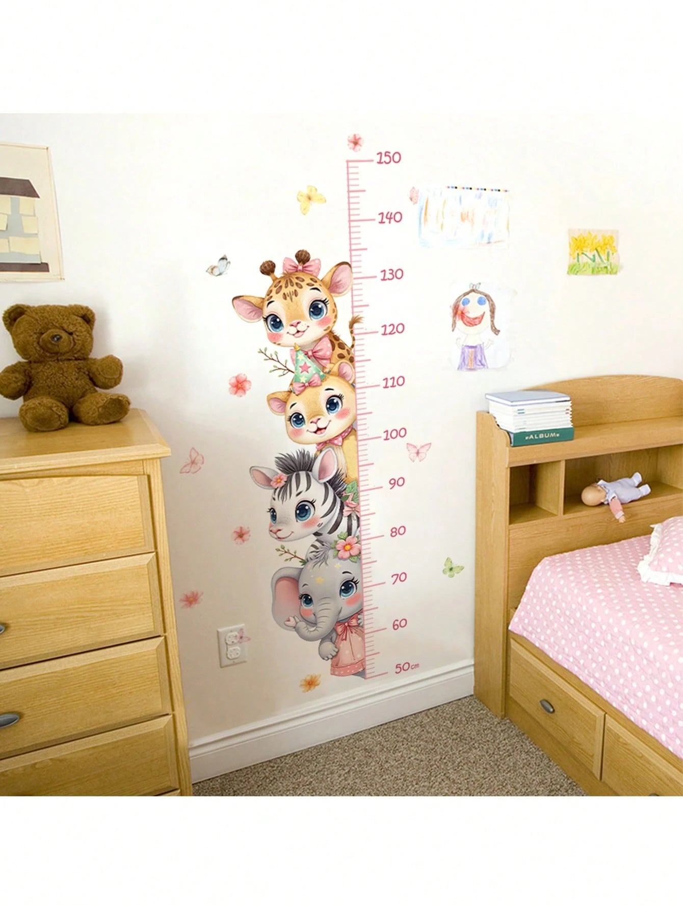 Cute 4 Animals Height Chart Wall Sticker Giraffe Lion Zebra Elephant Nursery Decals For Pink Baby Room Decor, Educational Growth Measurement Wall Art