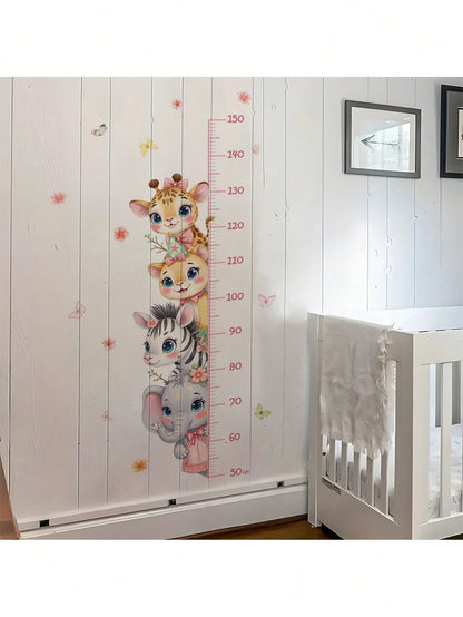 Cute 4 Animals Height Chart Wall Sticker Giraffe Lion Zebra Elephant Nursery Decals For Pink Baby Room Decor, Educational Growth Measurement Wall Art
