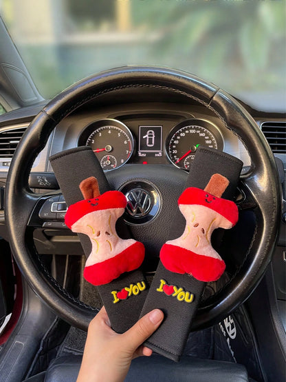 Cute Apple Core Seat Belt Shoulder Pad I LOVE YOU Embroidered Couple Car Seat Belt Anti-Chafing Protective Cover Car Interior Decoration Funny Apple Core Seat Belt Shoulder Pad