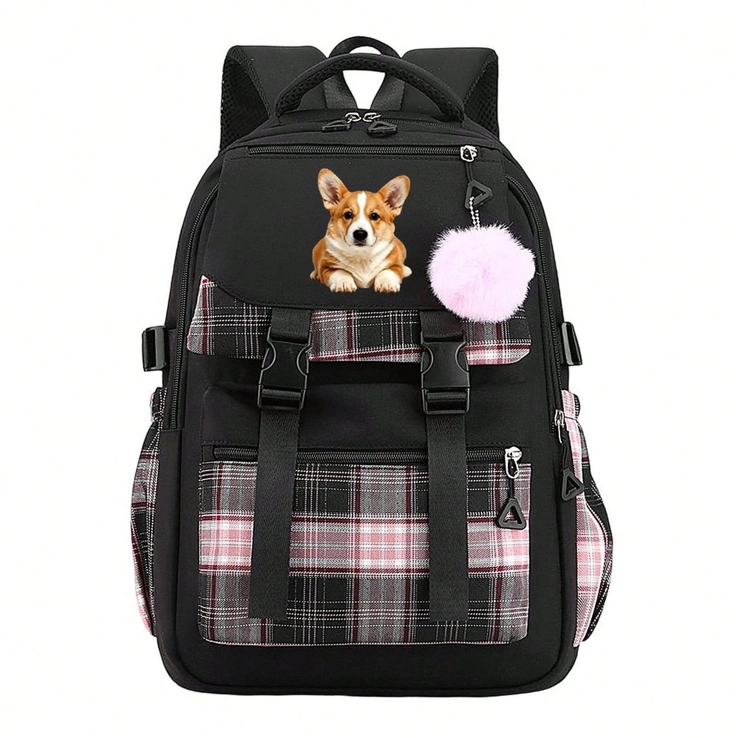 Cute Corgi Dog Graphic Plaid Backpack Teen Girls Aesthetic Laptop Travel Daypack