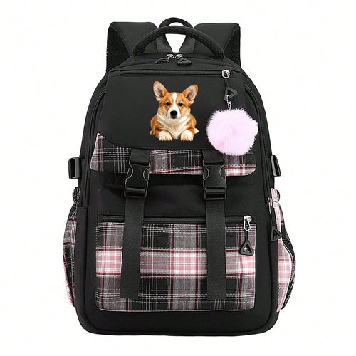 Cute Corgi Dog Graphic Plaid Backpack Teen Girls Aesthetic Laptop Travel Daypack