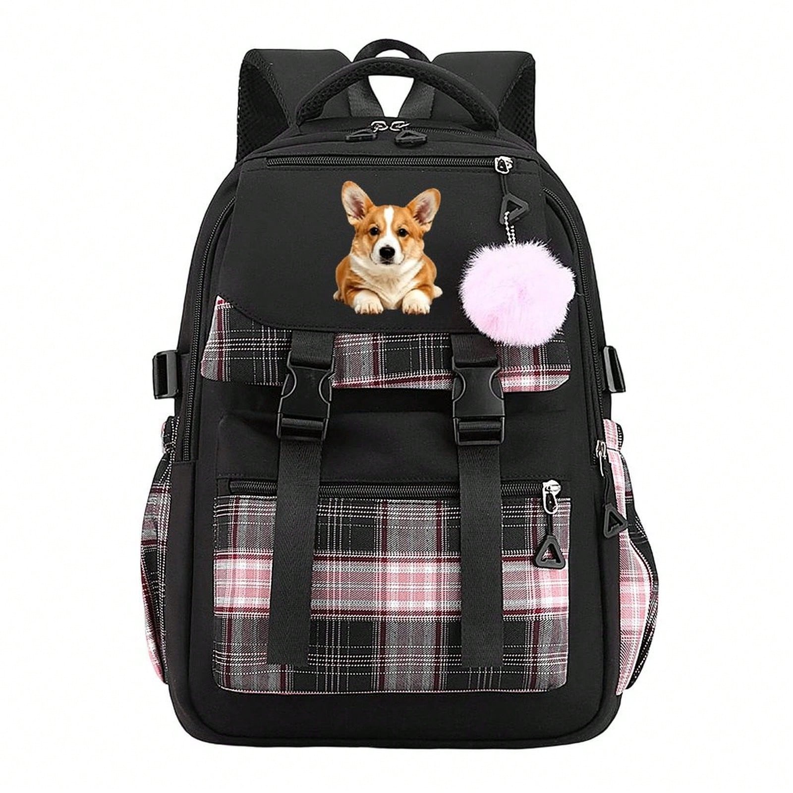 Cute Corgi Dog Graphic Plaid Backpack Teen Girls Aesthetic Laptop Travel Daypack