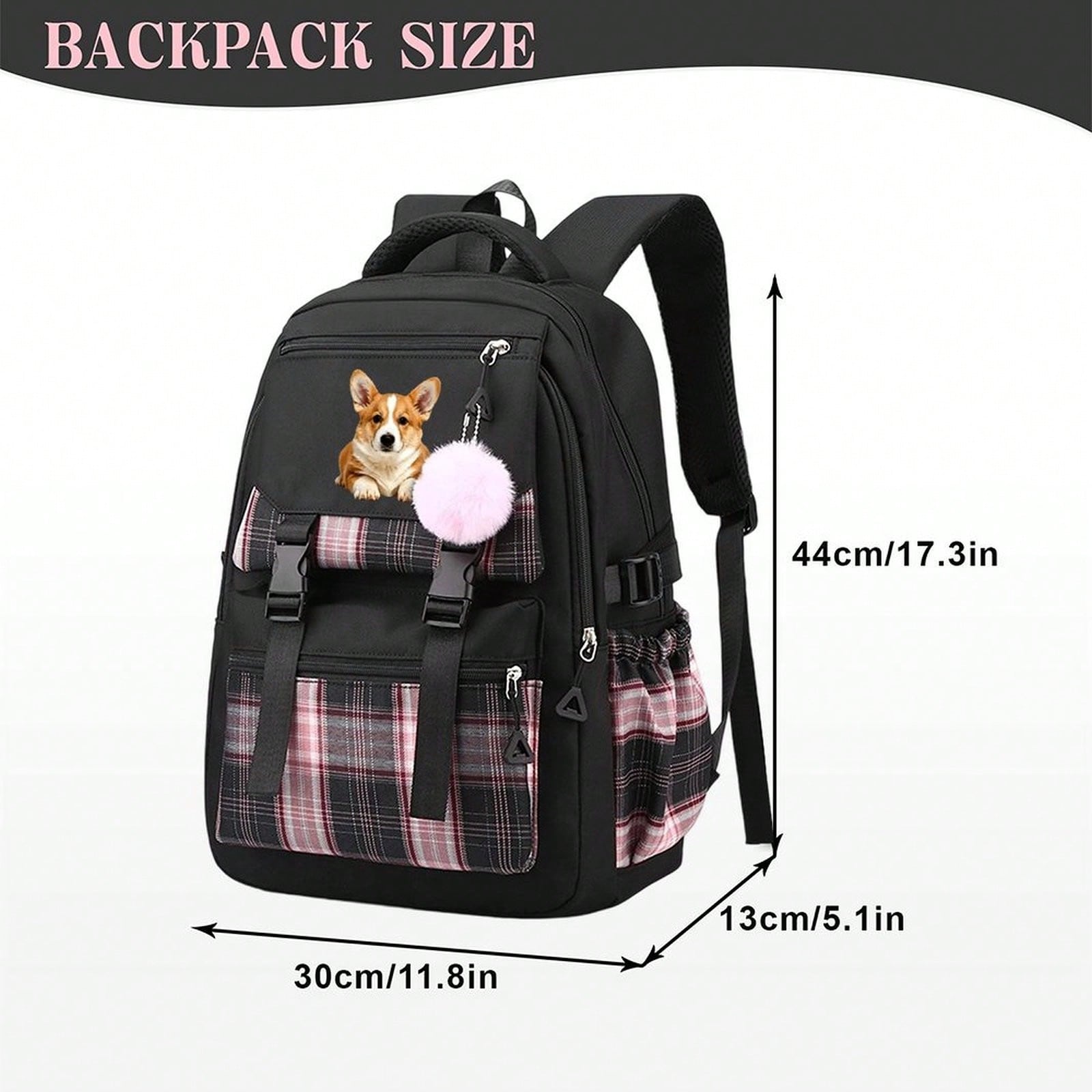 Cute Corgi Dog Graphic Plaid Backpack Teen Girls Aesthetic Laptop Travel Daypack