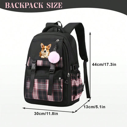 Cute Corgi Dog Graphic Plaid Backpack Teen Girls Aesthetic Laptop Travel Daypack