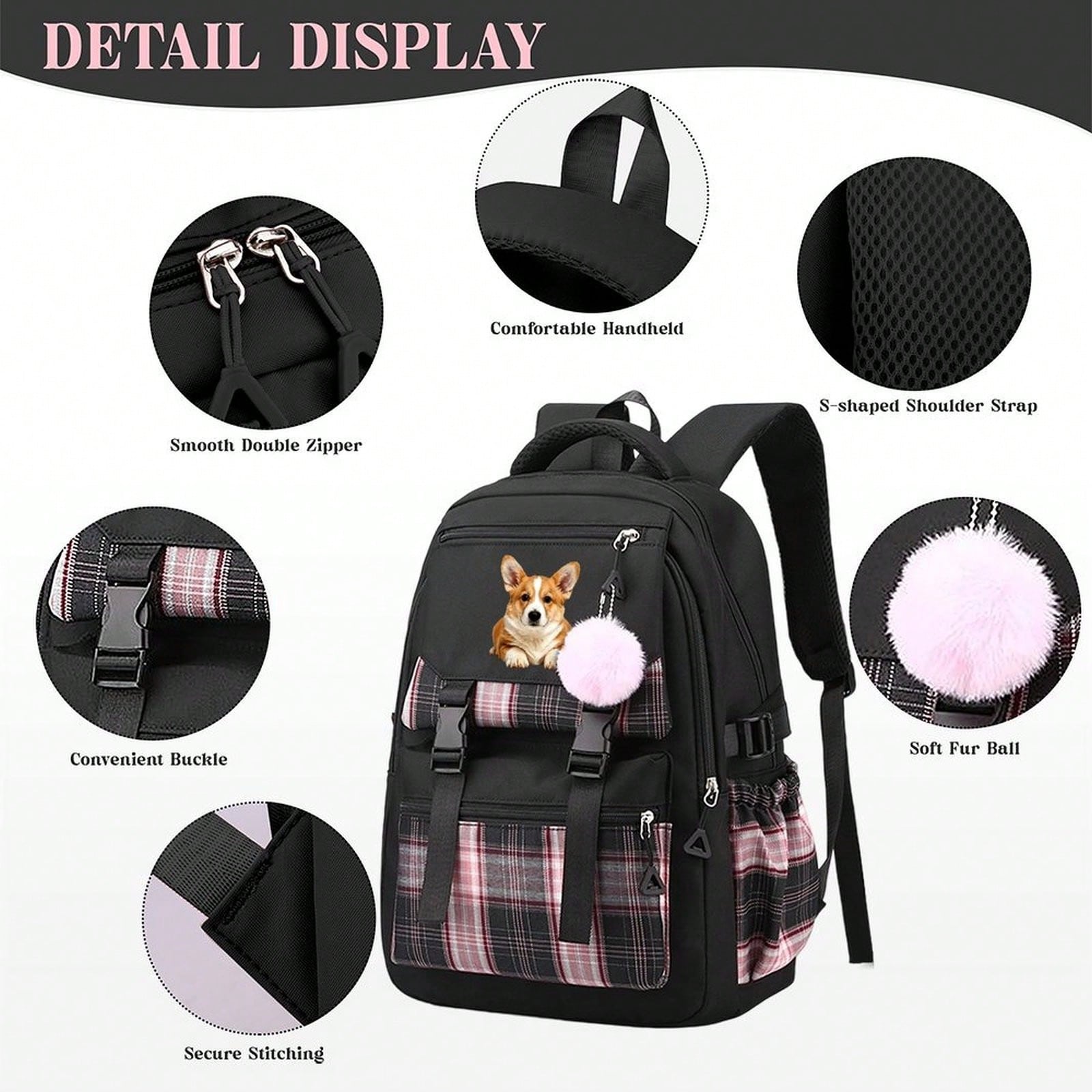 Cute Corgi Dog Graphic Plaid Backpack Teen Girls Aesthetic Laptop Travel Daypack