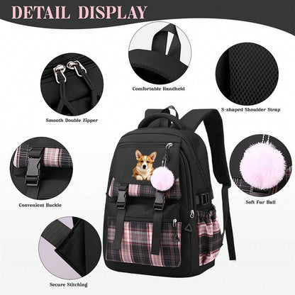 Cute Corgi Dog Graphic Plaid Backpack Teen Girls Aesthetic Laptop Travel Daypack