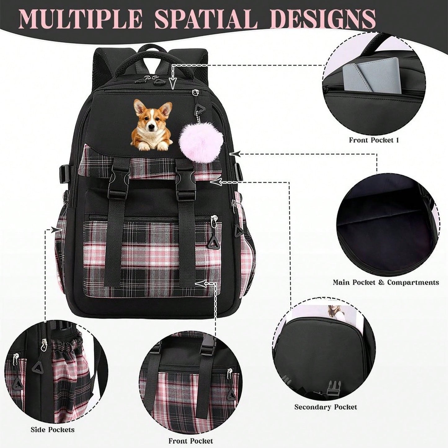 Cute Corgi Dog Graphic Plaid Backpack Teen Girls Aesthetic Laptop Travel Daypack
