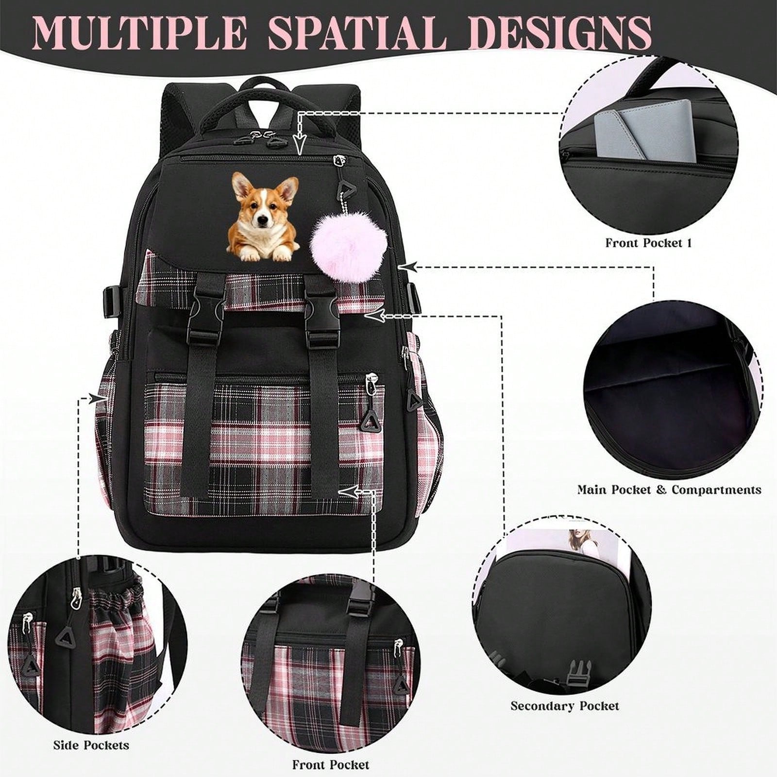 Cute Corgi Dog Graphic Plaid Backpack Teen Girls Aesthetic Laptop Travel Daypack