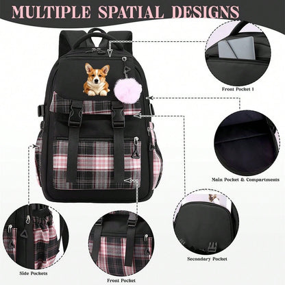 Cute Corgi Dog Graphic Plaid Backpack Teen Girls Aesthetic Laptop Travel Daypack