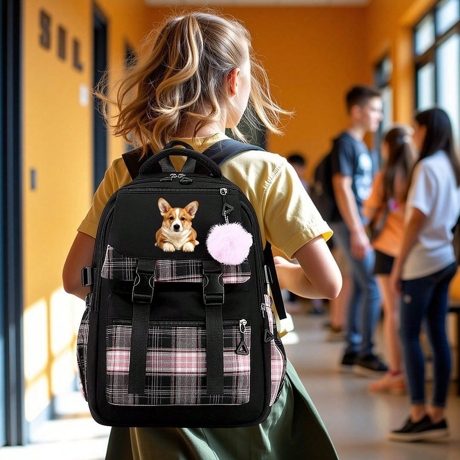 Cute Corgi Dog Graphic Plaid Backpack Teen Girls Aesthetic Laptop Travel Daypack