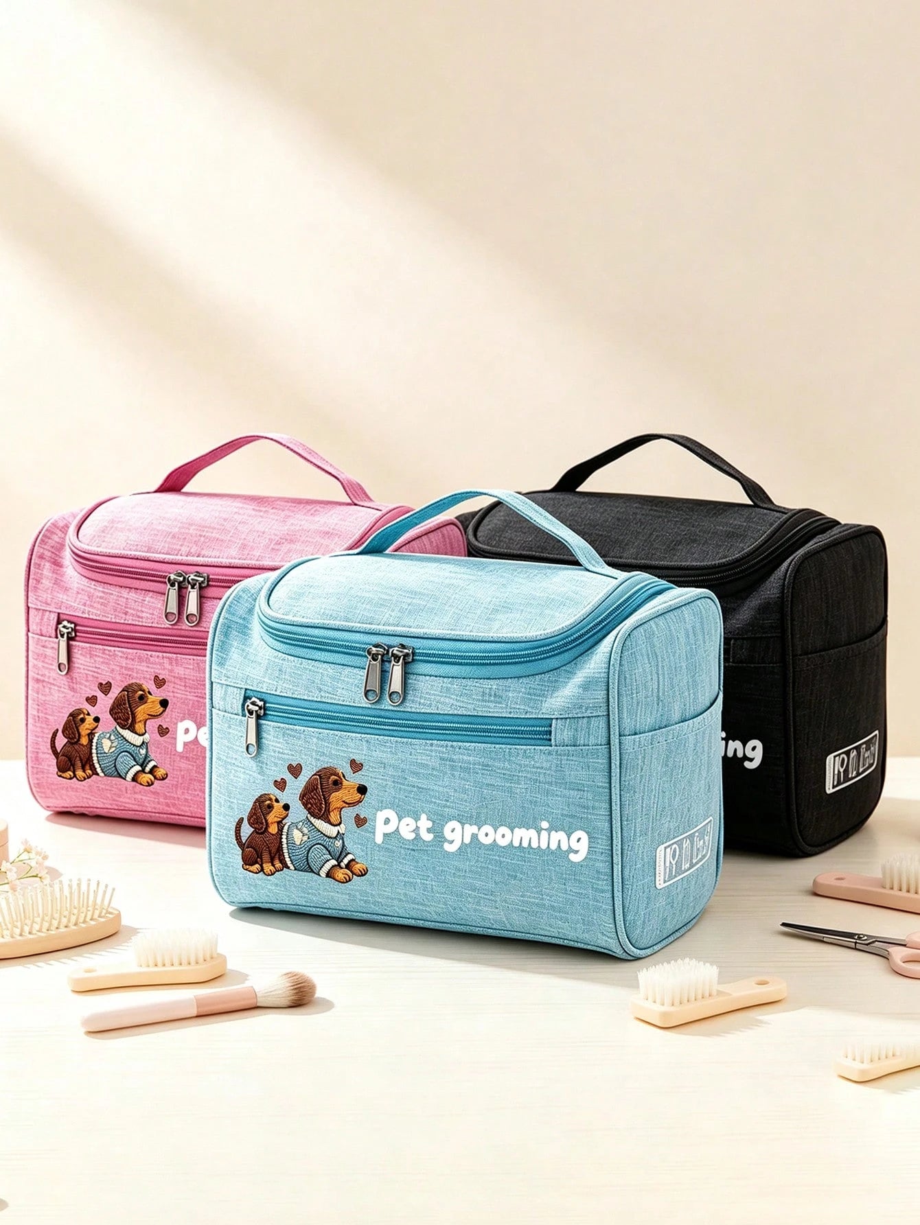 Cute Dog Print Multifunctional Toiletry Bag, 2D Multi-Compartment Portable Travel Toiletry & Makeup Bag. Can Organize Toiletries, Makeup Products, Pet Grooming Supplies And Personal Items. Top Handle
