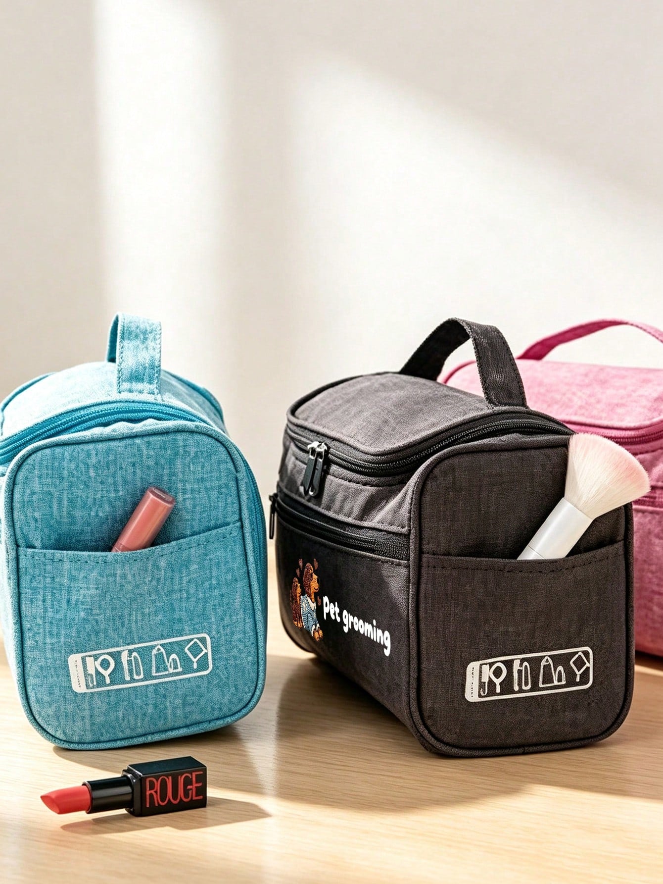 Cute Dog Print Multifunctional Toiletry Bag, 2D Multi-Compartment Portable Travel Toiletry & Makeup Bag. Can Organize Toiletries, Makeup Products, Pet Grooming Supplies And Personal Items. Top Handle