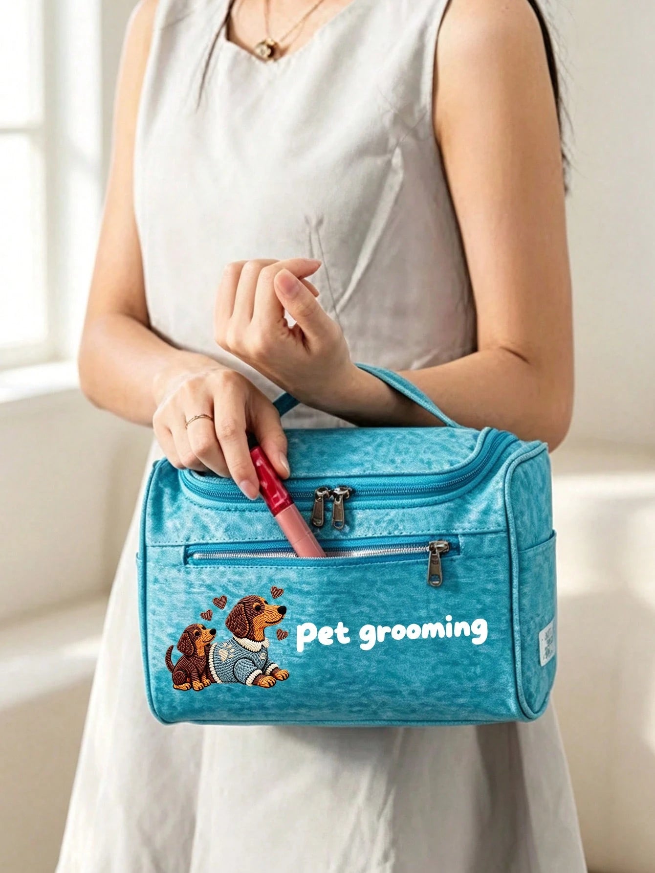 Cute Dog Print Multifunctional Toiletry Bag, 2D Multi-Compartment Portable Travel Toiletry & Makeup Bag. Can Organize Toiletries, Makeup Products, Pet Grooming Supplies And Personal Items. Top Handle