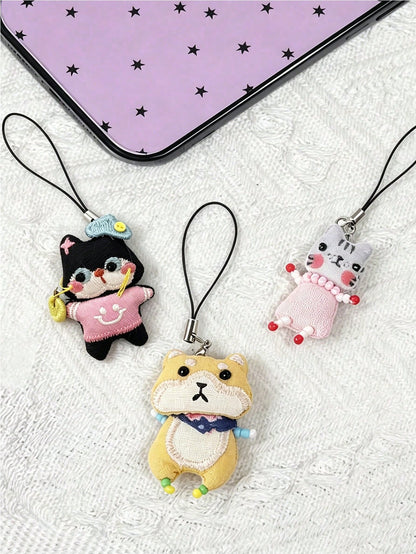 Cute Frog Pig Rabbit Handmade Beaded Phone Chain Keychain Pendant, DIY Handmade Animal Charm Decor Y2K Style Lanyard Bag Accessory, Crochet Kit With Crochet Tools (Box Color Random), Universal Phone C