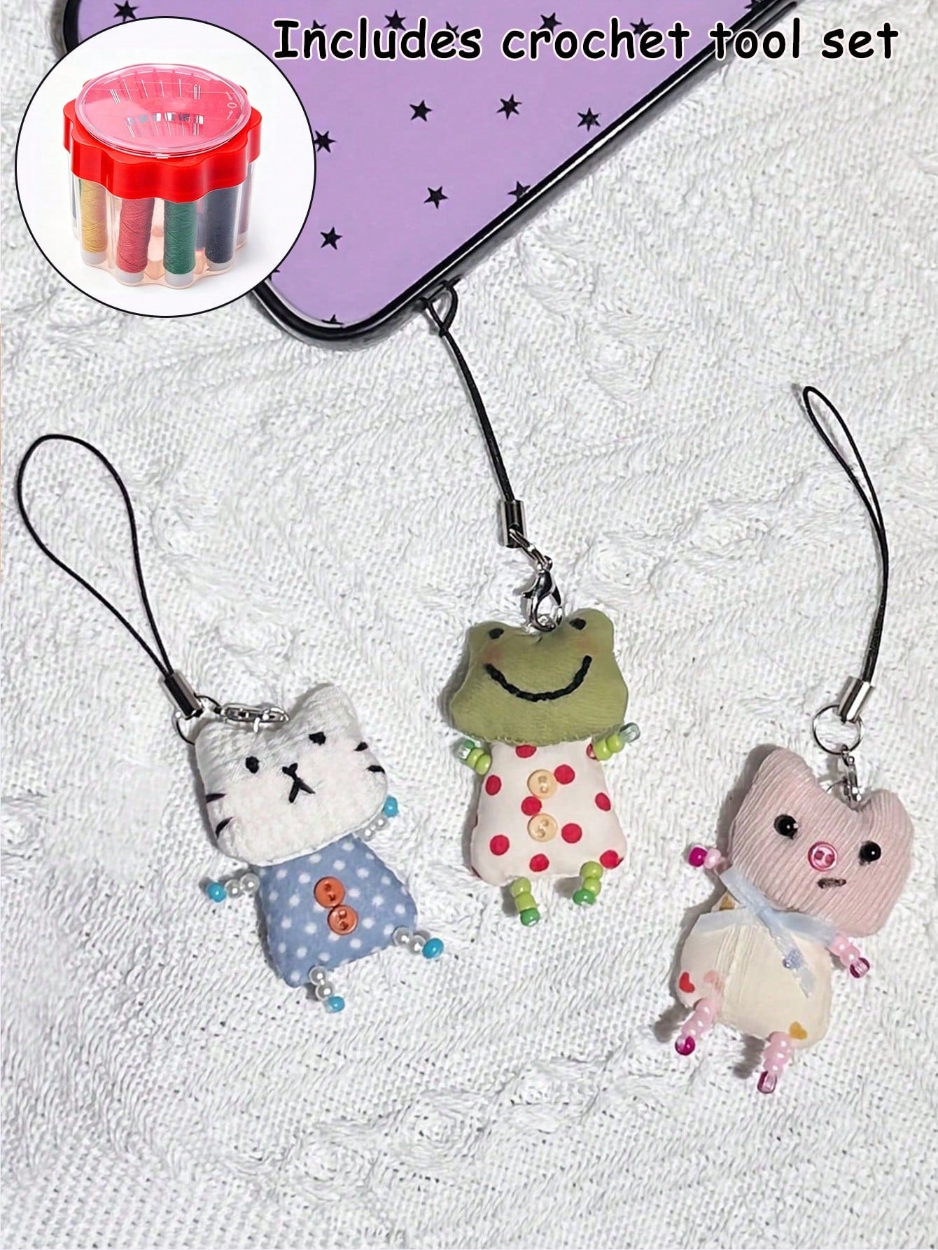 Cute Frog Pig Rabbit Handmade Beaded Phone Chain Keychain Pendant, DIY Handmade Animal Charm Decor Y2K Style Lanyard Bag Accessory, Crochet Kit With Crochet Tools (Box Color Random), Universal Phone C