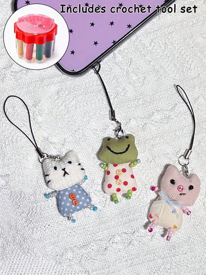 Cute Frog Pig Rabbit Handmade Beaded Phone Chain Keychain Pendant, DIY Handmade Animal Charm Decor Y2K Style Lanyard Bag Accessory, Crochet Kit With Crochet Tools (Box Color Random), Universal Phone C