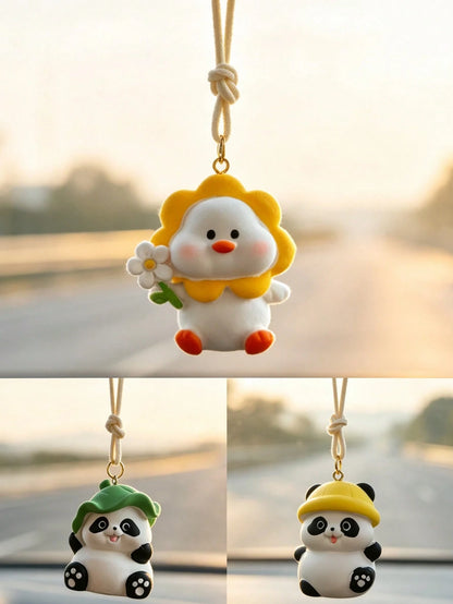 Cute Happy Duck Car Hanging Ornament Resin Panda Rearview Mirror Pendant Cartoon Adorable Car Decor Accessory