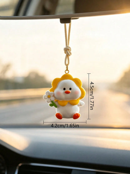 Cute Happy Duck Car Hanging Ornament Resin Panda Rearview Mirror Pendant Cartoon Adorable Car Decor Accessory