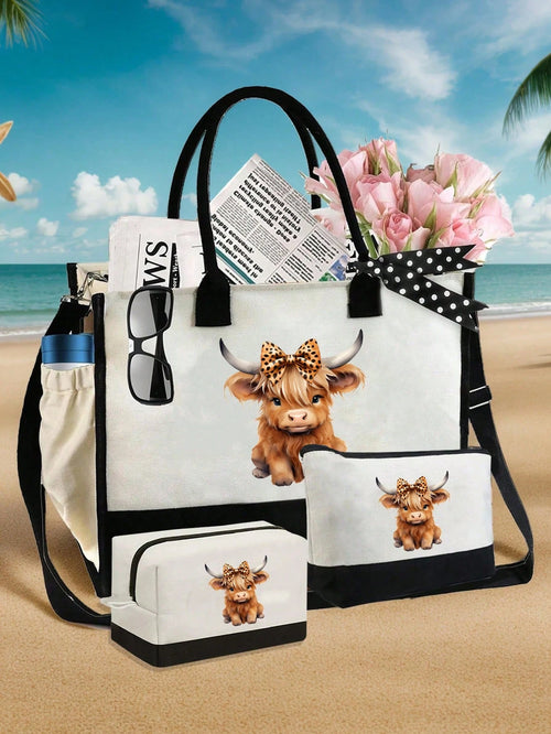 Cute Highland Cow Themed Handbag Set, Decorated With Bow And Leopard Print Patterns, Highland Cow Pattern Bag Combo, Accented With Bow And Leopard Print, Multifunctional Handbag, Includes 1 Handbag An