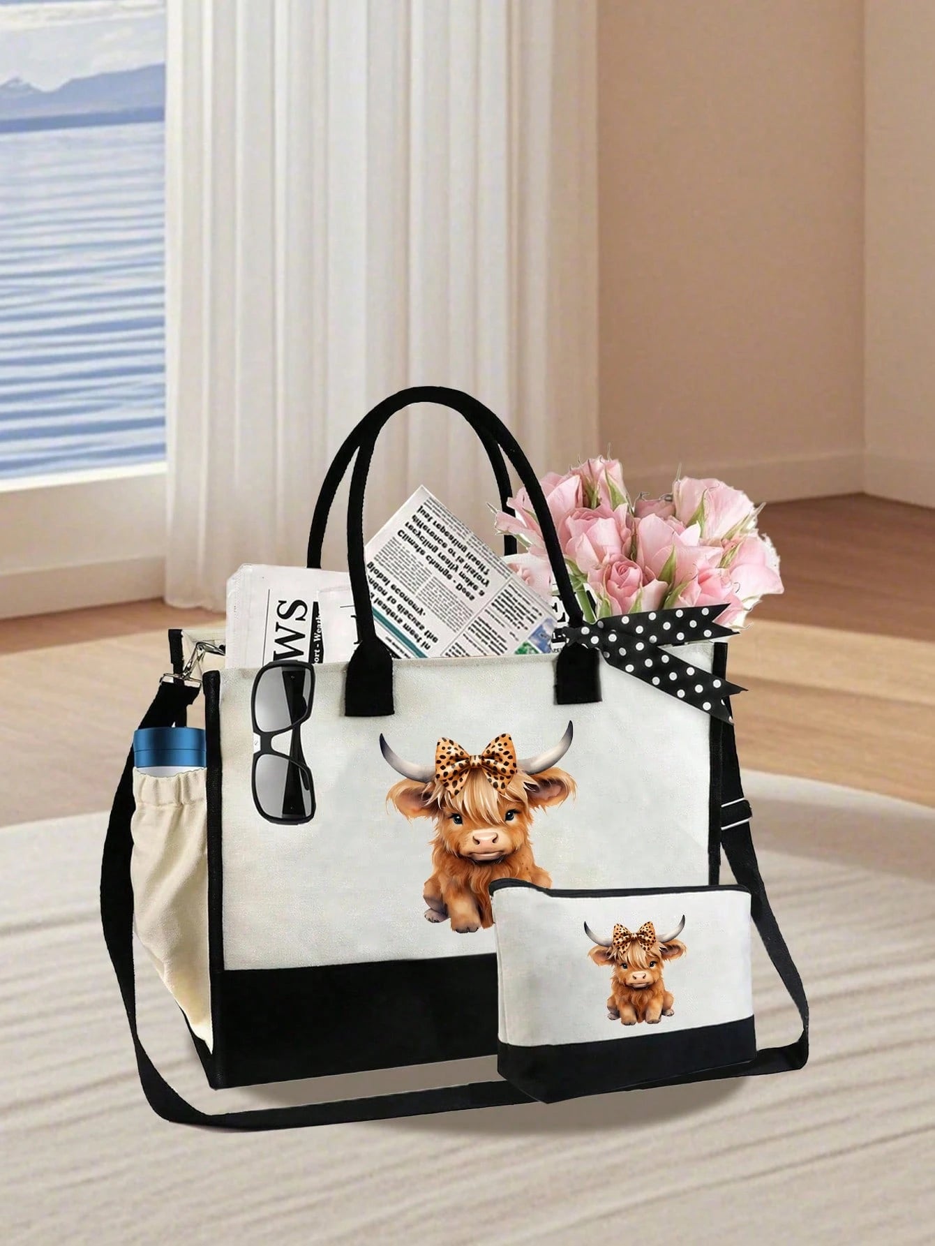 Cute Highland Cow Themed Handbag Set, Decorated With Bow And Leopard Print Patterns, Highland Cow Pattern Bag Combo, Accented With Bow And Leopard Print, Multifunctional Handbag, Includes 1 Handbag An