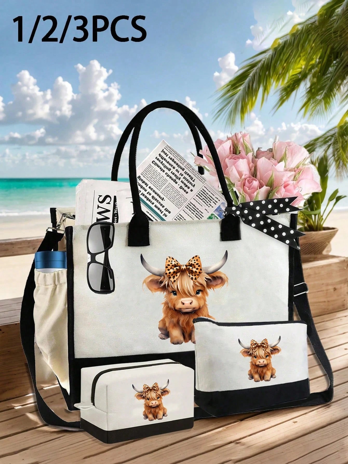 Cute Highland Cow Themed Handbag Set, Decorated With Bow And Leopard Print Patterns, Highland Cow Pattern Bag Combo, Accented With Bow And Leopard Print, Multifunctional Handbag, Includes 1 Handbag An