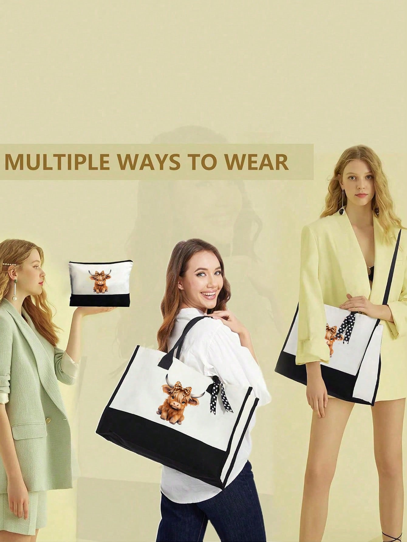Cute Highland Cow Themed Handbag Set, Decorated With Bow And Leopard Print Patterns, Highland Cow Pattern Bag Combo, Accented With Bow And Leopard Print, Multifunctional Handbag, Includes 1 Handbag An