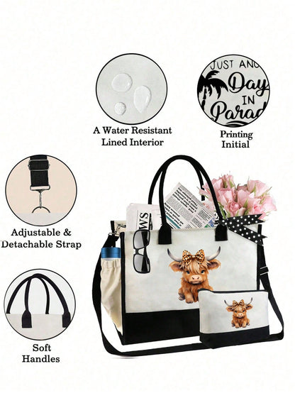 Cute Highland Cow Themed Handbag Set, Decorated With Bow And Leopard Print Patterns, Highland Cow Pattern Bag Combo, Accented With Bow And Leopard Print, Multifunctional Handbag, Includes 1 Handbag An