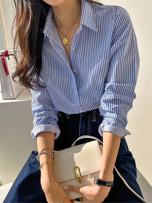 Cute Long Sleeve Button-Up Striped Retro Elegant Casual Blouse For Women, Spring/Summer Holiday/Valentine's Day