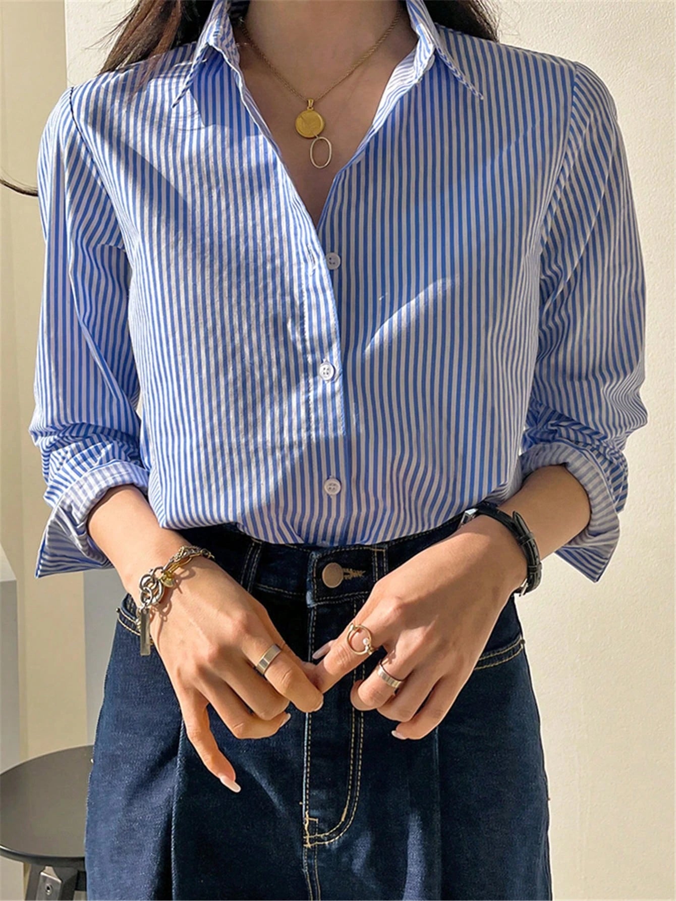 Cute Long Sleeve Button-Up Striped Retro Elegant Casual Blouse For Women, Spring/Summer Holiday/Valentine's Day