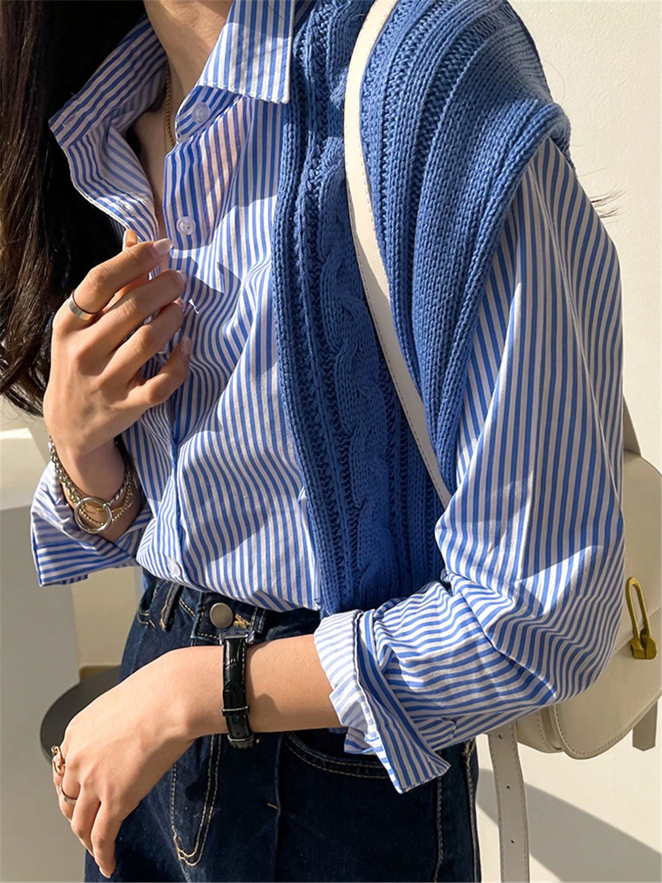 Cute Long Sleeve Button-Up Striped Retro Elegant Casual Blouse For Women, Spring/Summer Holiday/Valentine's Day