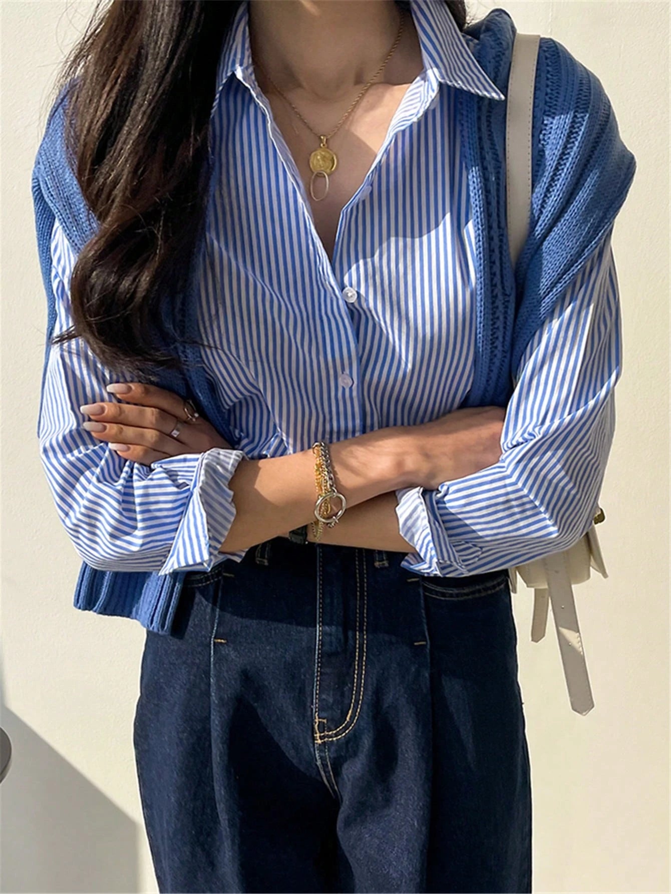 Cute Long Sleeve Button-Up Striped Retro Elegant Casual Blouse For Women, Spring/Summer Holiday/Valentine's Day