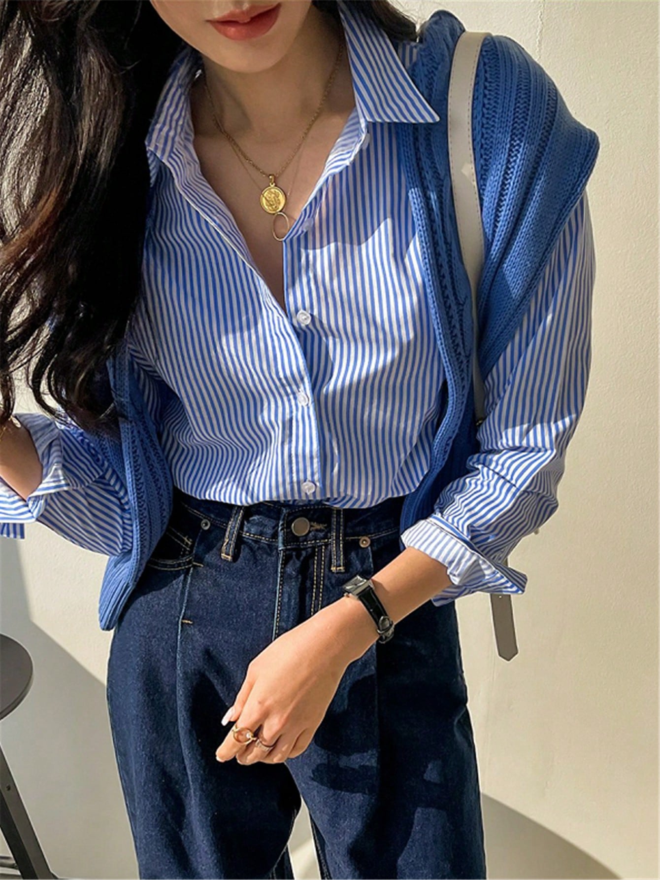 Cute Long Sleeve Button-Up Striped Retro Elegant Casual Blouse For Women, Spring/Summer Holiday/Valentine's Day