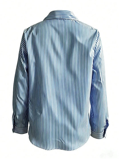 Cute Long Sleeve Button-Up Striped Retro Elegant Casual Blouse For Women, Spring/Summer Holiday/Valentine's Day