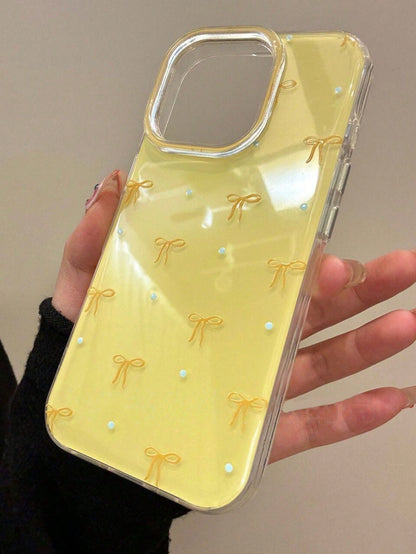 Cute Minimalist Pink Bow Element Fashion Shockproof Soft Protective Yellow Bow Polka Dot Pattern Phone Case Compatible With IPhone 17 Pro Max, 17 Pro, 17 Air, 17, 16, 15, 14, 13, 12, 11 Pro Max Plus B