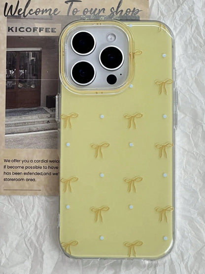 Cute Minimalist Pink Bow Element Fashion Shockproof Soft Protective Yellow Bow Polka Dot Pattern Phone Case Compatible With IPhone 17 Pro Max, 17 Pro, 17 Air, 17, 16, 15, 14, 13, 12, 11 Pro Max Plus B