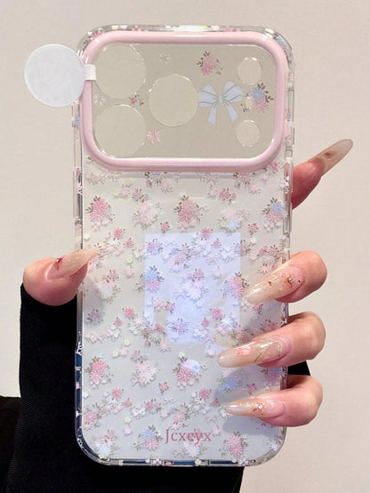 Cute Pink Flower White Background Bow Tie Lens Painted Pattern Phone Case Suitable For IPhone 17 Pro Max 16 15 Pro Max, Girly Spring/Summer Shockproof Protective Cover