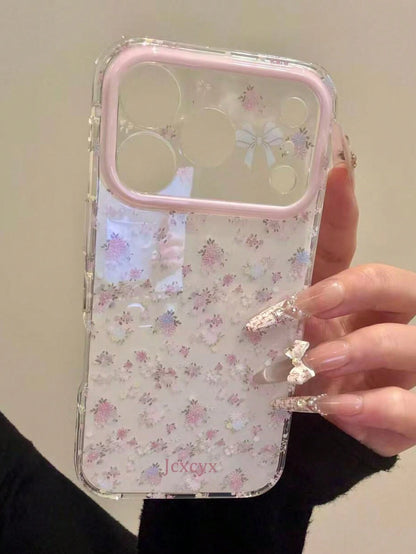 Cute Pink Flower White Background Bow Tie Lens Painted Pattern Phone Case Suitable For IPhone 17 Pro Max 16 15 Pro Max, Girly Spring/Summer Shockproof Protective Cover