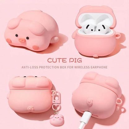 Cute Pink Silicone Pig Lying Pig Portable Bluetooth Earphone Case Spring Birthday Gift