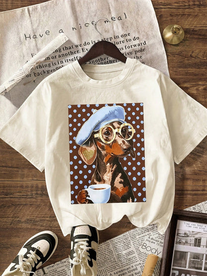 Cute Polka Dot Dachshund Graphic T-Shirt, Women's Casual Round Neck Short Sleeve Minimalist T-Shirt Summer
