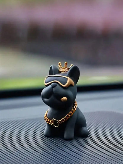 Cute Resin Bulldog Car Decoration With Gold Chain And Glasses – Fun Dashboard Ornament For Dog Lovers, Humorous Car Interior Accessory, Lightweight Easy To Install, Perfect Gift For Male And Female Dr
