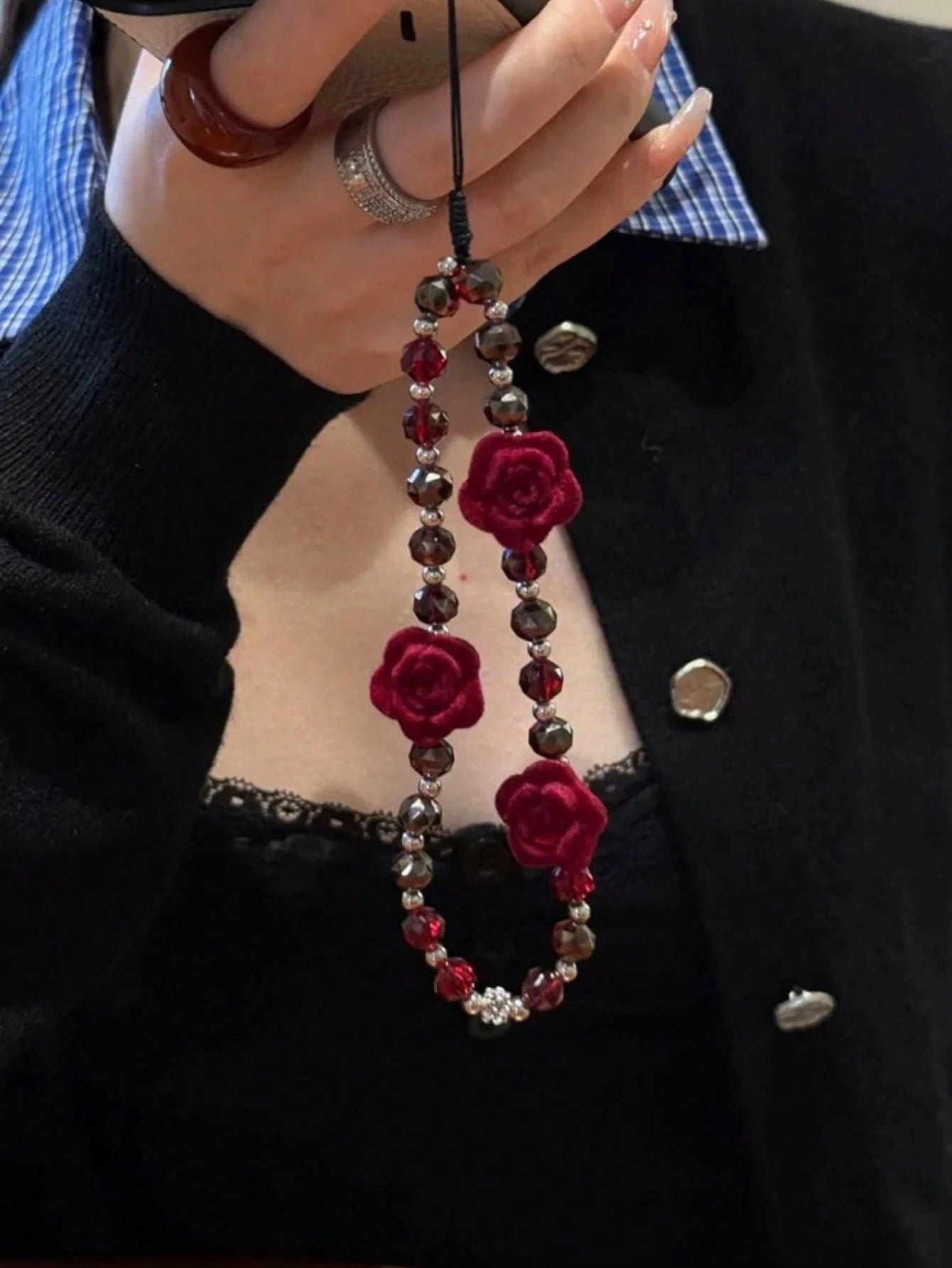 Dark Rose Gothic Beaded Keychain, Fashionable Niche Mobile Phone Chain Bag Pendant Gifts For Mother, Family, Friends, Birthday, Holiday Phone Charm