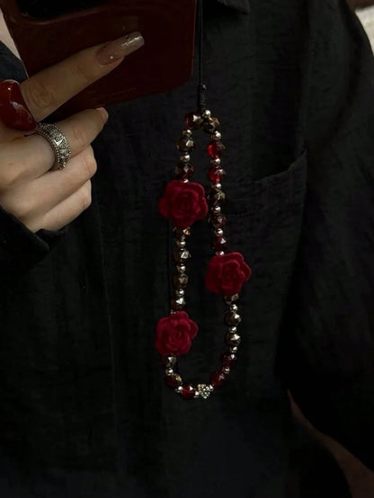 Dark Rose Gothic Beaded Keychain, Fashionable Niche Mobile Phone Chain Bag Pendant Gifts For Mother, Family, Friends, Birthday, Holiday Phone Charm
